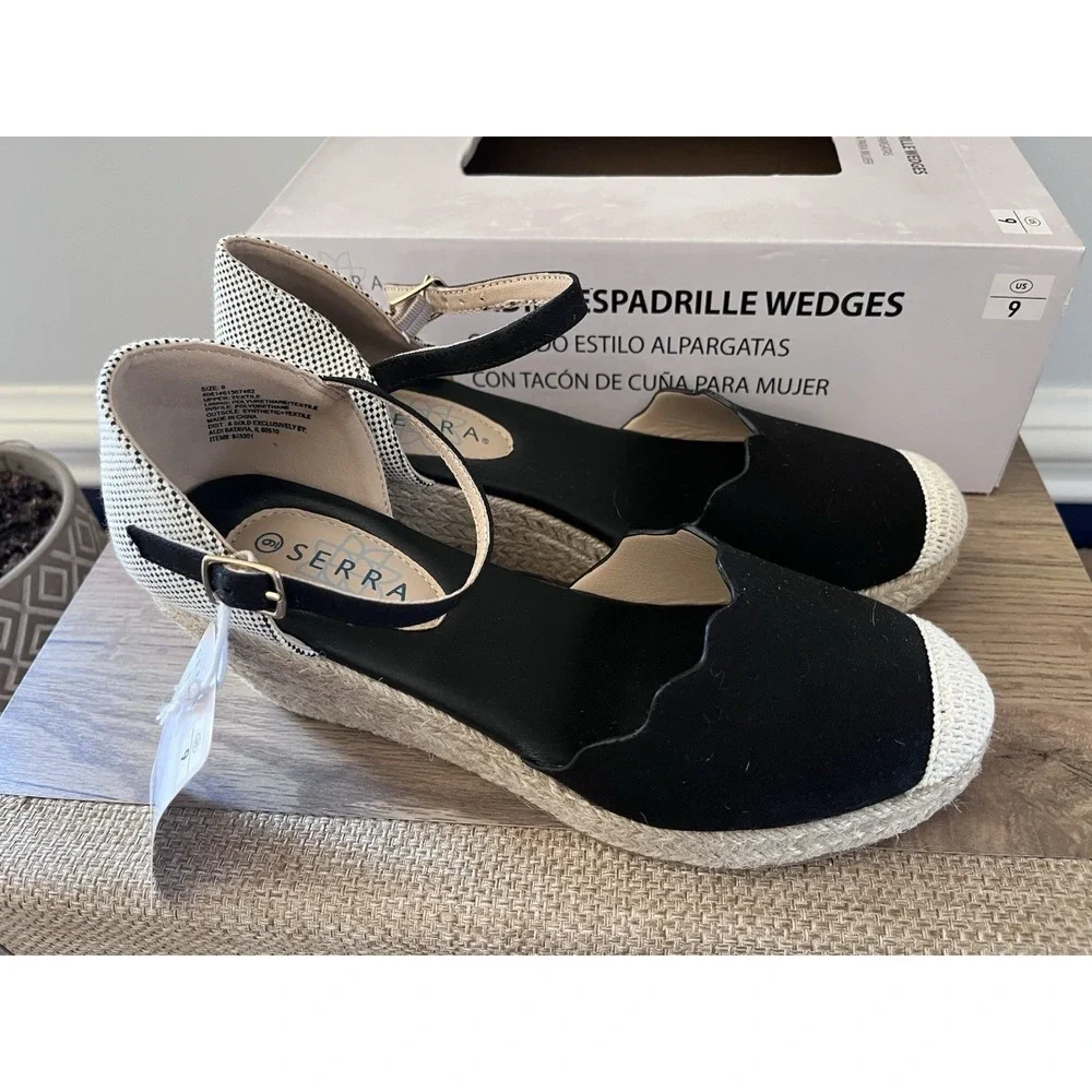 New! Serra Ladies' Espadrille Wedges Black and White Women's Size US 9
